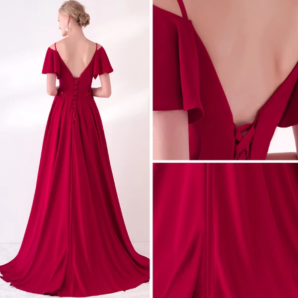 Charmant Bordeaux Robe De Soirée 2018 Princesse Bretelles Spaghetti Bustier Manches Courtes Appliques En Dentelle Paillettes Tribunal Train Volants Dos Nu Robe De Ceremonie