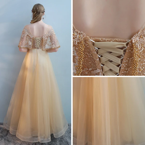 Charmant Doré Transparentes Robe De Bal 2018 Princesse Encolure Dégagée Manches Courtes Perle Perlage Faux Diamant Longue Volants Dos Nu Robe De Ceremonie