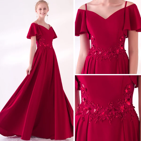 Charmant Bordeaux Robe De Soirée 2018 Princesse Bretelles Spaghetti Bustier Manches Courtes Appliques En Dentelle Paillettes Tribunal Train Volants Dos Nu Robe De Ceremonie