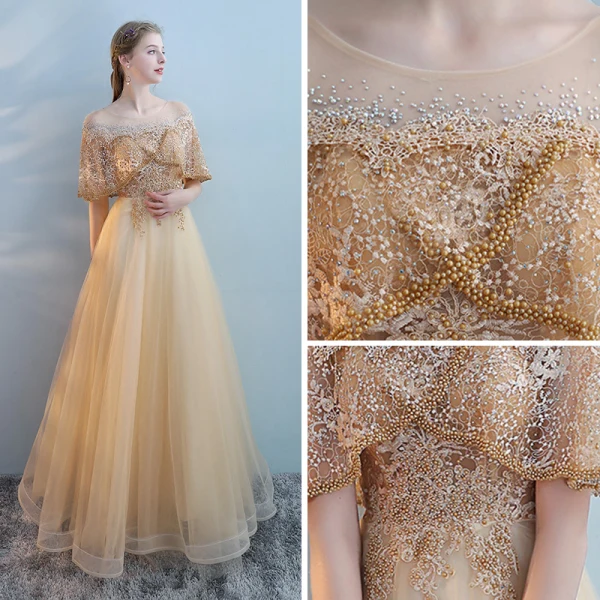 Charmant Doré Transparentes Robe De Bal 2018 Princesse Encolure Dégagée Manches Courtes Perle Perlage Faux Diamant Longue Volants Dos Nu Robe De Ceremonie