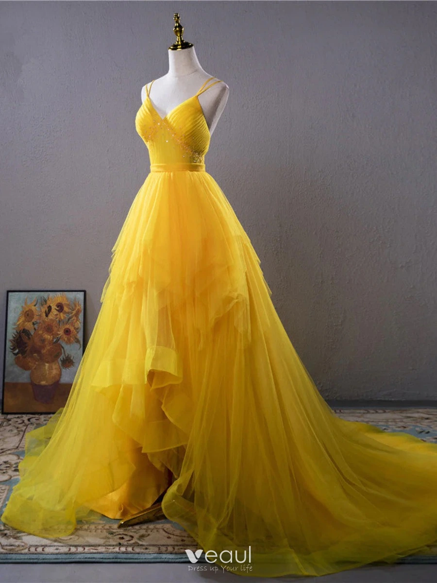 Plus Size 18 Prom Plunge Sequined Yellow Ball Gown on Queenly