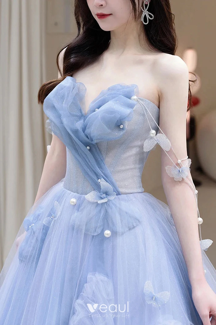 Elegant sky blue Butterfly Strapless Sweetheart Tulle Sparkle Prom Par –  Ballbella