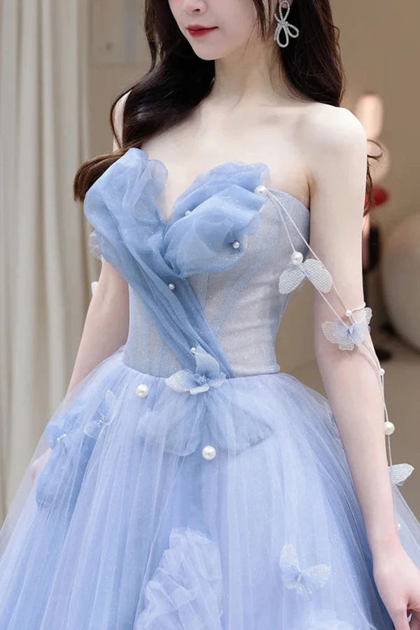 Charming Sky Blue Pearl Butterfly Appliques Prom Dresses 2024 A-Line / Princess Strapless Sleeveless Backless Floor-Length / Long Prom Formal Dresses