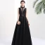 Modern / Fashion Black Pierced Evening Dresses  2017 A-Line / Princess High Neck Sleeveless Beading Pearl Floor-Length / Long Backless Formal Dresses