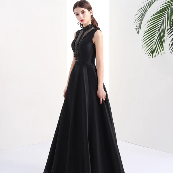 Modern / Fashion Black Pierced Evening Dresses 2017 A-Line / Princess High Neck Sleeveless Beading Pearl Floor-Length / Long Backless Formal Dresses