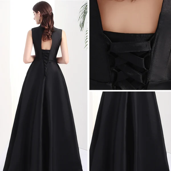 Modern / Fashion Black Pierced Evening Dresses 2017 A-Line / Princess High Neck Sleeveless Beading Pearl Floor-Length / Long Backless Formal Dresses