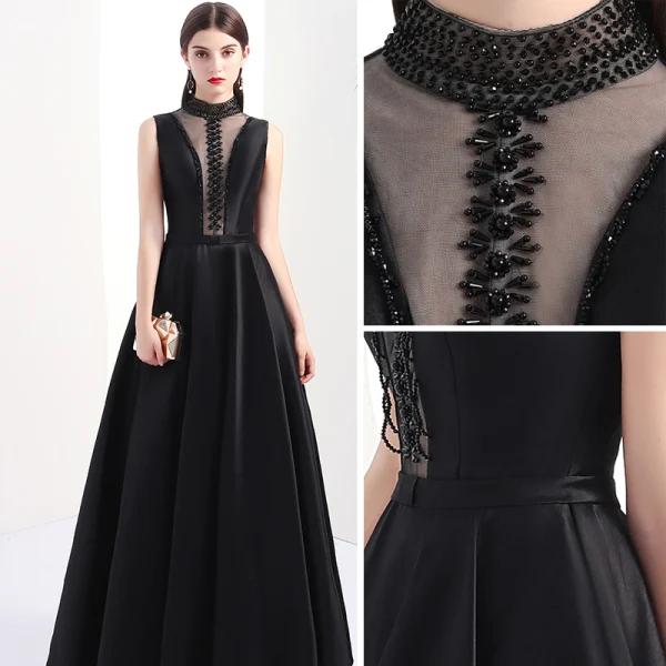 Modern / Fashion Black Pierced Evening Dresses 2017 A-Line / Princess High Neck Sleeveless Beading Pearl Floor-Length / Long Backless Formal Dresses