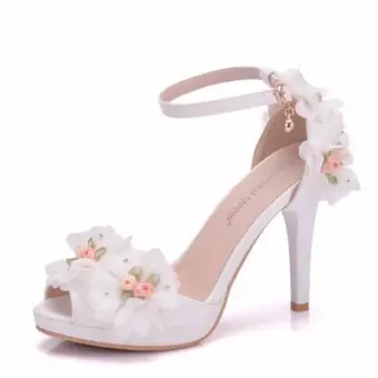 Chic Beautiful White Appliques Ankle Strap Prom Outdoor Garden Womens Sandals 2025 10 Cm Stiletto Heels Open Peep Toe Sandals High Heels
