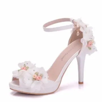 Chic Beautiful White Appliques Ankle Strap Prom Outdoor Garden Womens Sandals 2025 10 Cm Stiletto Heels Open Peep Toe Sandals High Heels