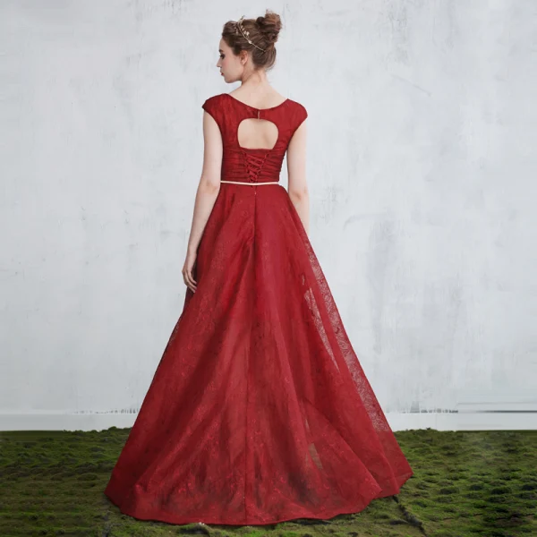 Elegant Burgundy Evening Dresses 2017 A-Line / Princess Scoop Neck Sleeveless Appliques Lace Pearl Metal Sash Floor-Length / Long Backless Formal Dresses