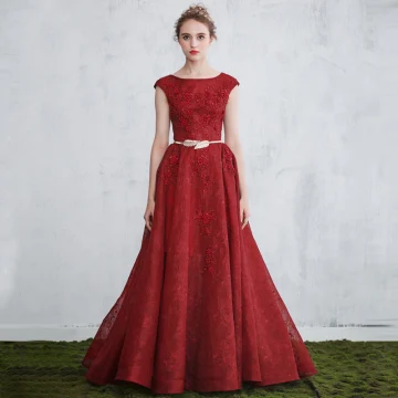 Elegant Burgundy Evening Dresses 2017 A Line Princess Scoop Neck Sleeveless Appliques Lace Pearl Metal Sash Floor Length Long Backless Formal Dresses
