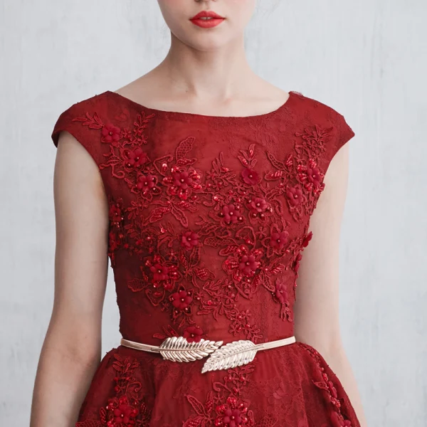 Elegant Burgundy Evening Dresses 2017 A-Line / Princess Scoop Neck Sleeveless Appliques Lace Pearl Metal Sash Floor-Length / Long Backless Formal Dresses