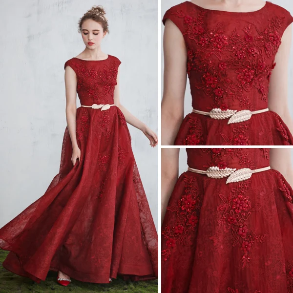 Elegant Burgundy Evening Dresses 2017 A-Line / Princess Scoop Neck Sleeveless Appliques Lace Pearl Metal Sash Floor-Length / Long Backless Formal Dresses