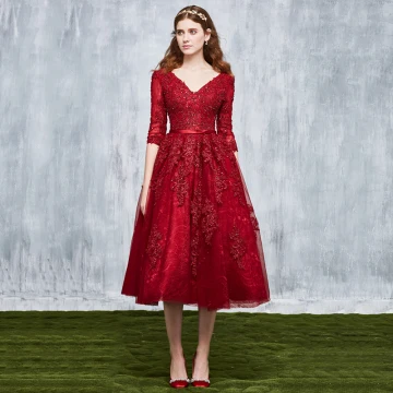 Chic Beautiful Burgundy Homecoming Graduation Dresses 2017 A Line Princess V Neck 3 4 Sleeve Appliques Lace Beading Sequins Sash Tea Length Backless Formal Dresses