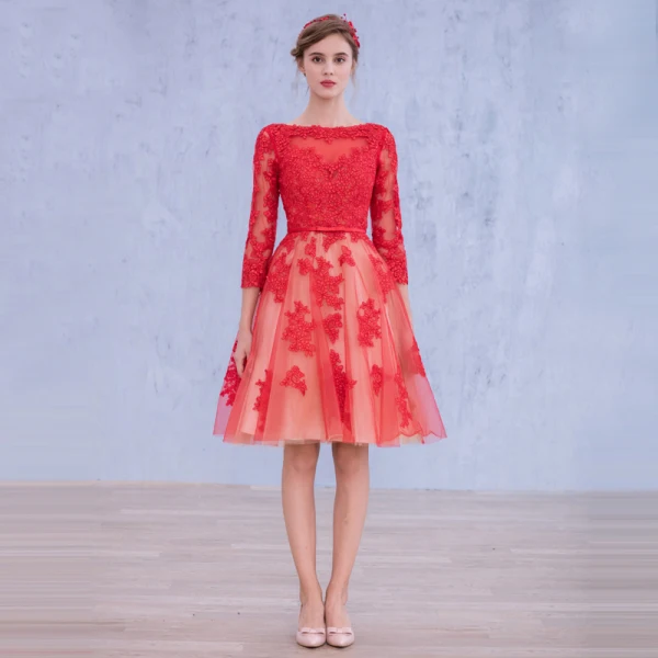 Chic / Beautiful Red Homecoming Graduation Dresses 2017 A-Line / Princess Long Sleeve Scoop Neck Appliques Lace Bow Sash Knee-Length Backless Formal Dresses