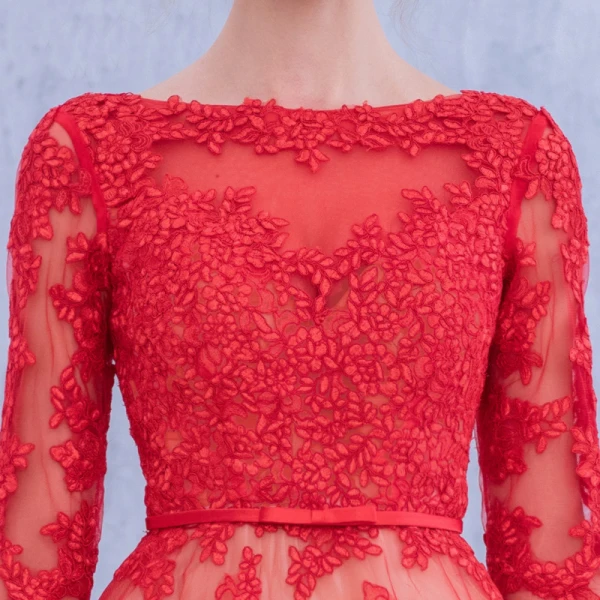 Chic / Beautiful Red Homecoming Graduation Dresses 2017 A-Line / Princess Long Sleeve Scoop Neck Appliques Lace Bow Sash Knee-Length Backless Formal Dresses