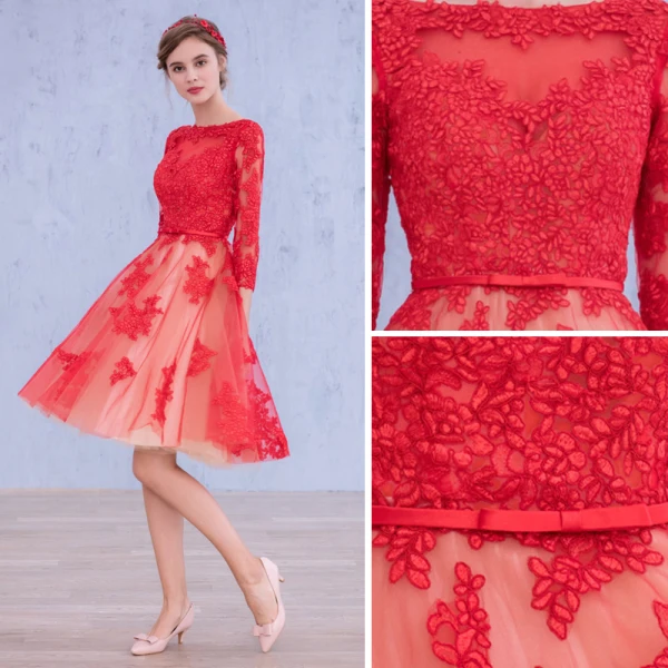 Chic / Beautiful Red Homecoming Graduation Dresses 2017 A-Line / Princess Long Sleeve Scoop Neck Appliques Lace Bow Sash Knee-Length Backless Formal Dresses