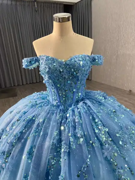 Flower Fairy 3D Lace Sky Blue Prom Dresses 2024 Crossed Straps Sequins ...