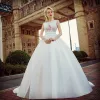 Sexy White Pierced Wedding Dresses 2017 Ball Gown Scoop Neck Sleeveless Appliques Lace Sash Court Train