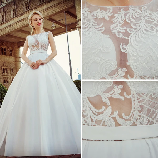 Sexy White Pierced Wedding Dresses 2017 Ball Gown Scoop Neck Sleeveless Appliques Lace Sash Court Train
