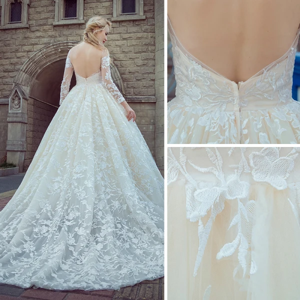 Stunning Champagne Pierced Wedding Dresses 2017 Ball Gown Scoop Neck Long Sleeve Backless Appliques Lace Chapel Train