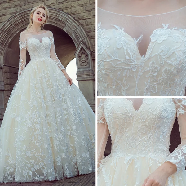 Stunning Champagne Pierced Wedding Dresses 2017 Ball Gown Scoop Neck Long Sleeve Backless Appliques Lace Chapel Train