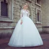 Chic / Beautiful White Pierced Wedding Dresses 2017 Ball Gown Scoop Neck Long Sleeve Appliques Lace Court Train