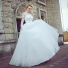 Chic / Beautiful White Pierced Wedding Dresses 2017 Ball Gown Scoop Neck Long Sleeve Appliques Lace Court Train