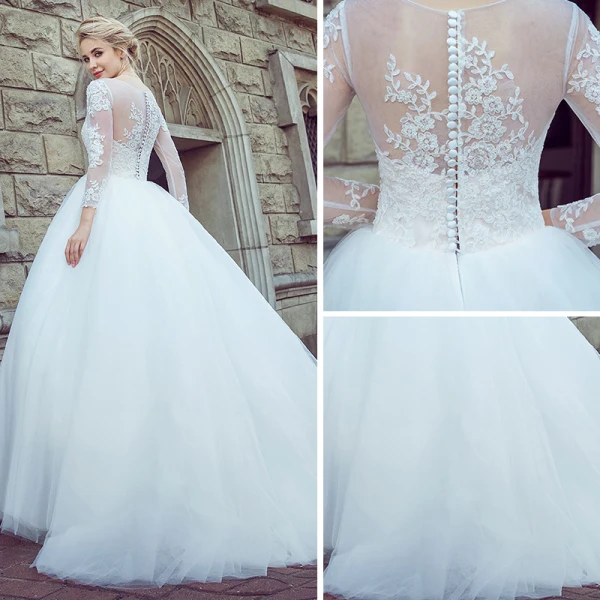 Chic / Beautiful White Pierced Wedding Dresses 2017 Ball Gown Scoop Neck Long Sleeve Appliques Lace Court Train