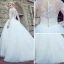 Chic / Beautiful White Pierced Wedding Dresses 2017 Ball Gown Scoop Neck Long Sleeve Appliques Lace Court Train