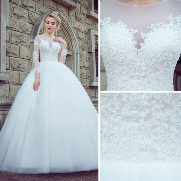 Chic / Beautiful White Pierced Wedding Dresses 2017 Ball Gown Scoop Neck Long Sleeve Appliques Lace Court Train