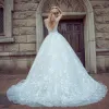 Elegant White Pierced Wedding Dresses 2017 Ball Gown Scoop Neck Sleeveless Backless Appliques Lace Court Train
