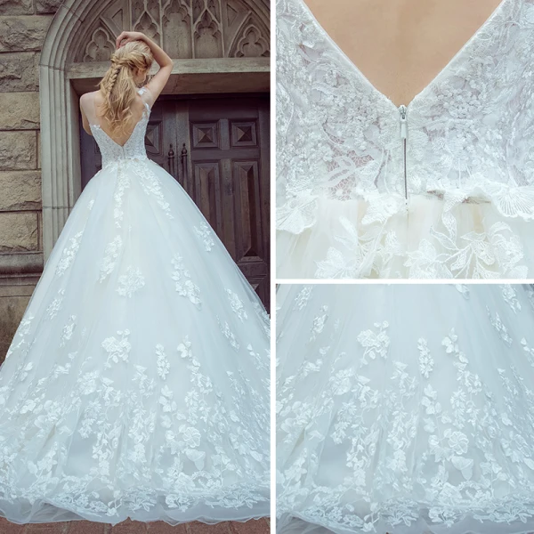 Elegant White Pierced Wedding Dresses 2017 Ball Gown Scoop Neck Sleeveless Backless Appliques Lace Court Train