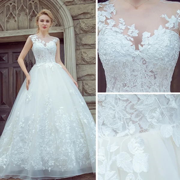 Elegant White Pierced Wedding Dresses 2017 Ball Gown Scoop Neck Sleeveless Backless Appliques Lace Court Train