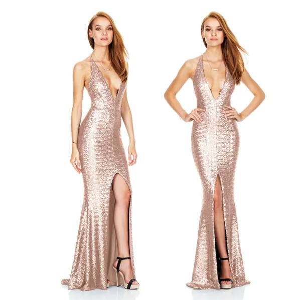 Sexy Champagne Summer Maxi Dresses 2018 Trumpet / Mermaid Spaghetti Straps  V-Neck Sleeveless Glitter Sequins Split