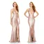 Sexy Champagne Été Robes longues 2018 Trompette / Sirène Bretelles Spaghetti V-Cou Sans Manches Glitter Paillettes Fendue devant Longue Dos Nu Vêtements Femme