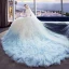 Amazing / Unique White Gradient-Color Sky Blue Pierced Wedding Dresses 2018 Ball Gown Scoop Neck 1/2 Sleeves Backless Appliques Lace Sequins Pleated Cathedral Train