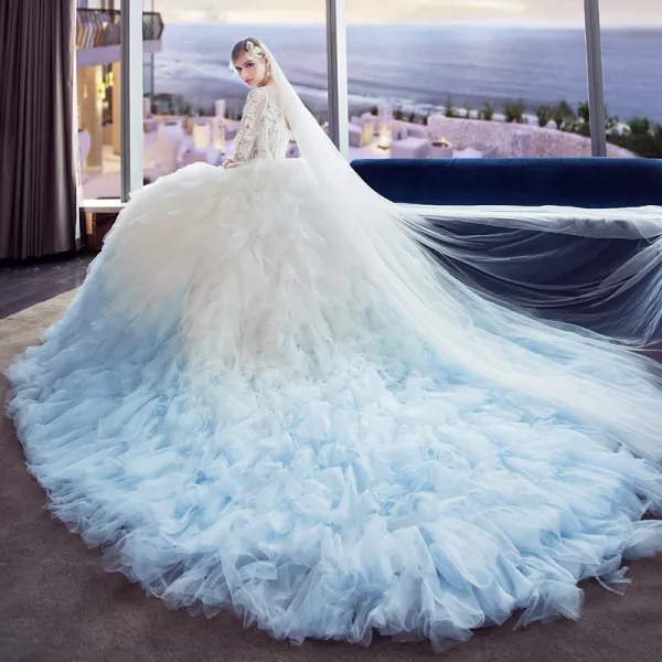 Amazing / Unique White Gradient-Color Sky Blue Pierced Wedding Dresses 2018 Ball Gown Scoop Neck 1/2 Sleeves Backless Appliques Lace Sequins Pleated Cathedral Train