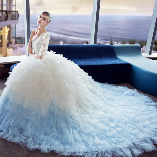 Unique White Gradient-Color Sky Blue Pierced Wedding Dresses 2018