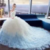 Najpiękniejsze / Ekskluzywne Białe Gradient-Kolorów Błękitne Przebili Suknie Ślubne 2018 Suknia Balowa Wycięciem 1/2 Rękawy Bez Pleców Aplikacje Z Koronki Cekiny Plisowane Trenem Katedra