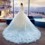Amazing / Unique White Gradient-Color Sky Blue Pierced Wedding Dresses 2018 Ball Gown Scoop Neck 1/2 Sleeves Backless Appliques Lace Sequins Pleated Cathedral Train