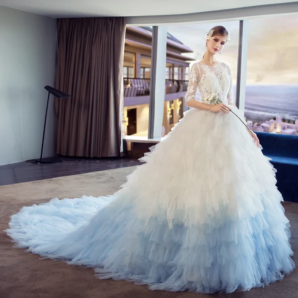 blue and white wedding dresses with sleeves Exquisite Short Sleeve A-Line Wedding Dress with a Unique Top – HAREM's  Brides main image 0