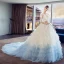 Amazing / Unique White Gradient-Color Sky Blue Pierced Wedding Dresses 2018 Ball Gown Scoop Neck 1/2 Sleeves Backless Appliques Lace Sequins Pleated Cathedral Train