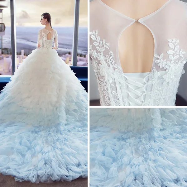 Amazing / Unique White Gradient-Color Sky Blue Pierced Wedding Dresses 2018 Ball Gown Scoop Neck 1/2 Sleeves Backless Appliques Lace Sequins Pleated Cathedral Train