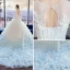Amazing / Unique White Gradient-Color Sky Blue Pierced Wedding Dresses 2018 Ball Gown Scoop Neck 1/2 Sleeves Backless Appliques Lace Sequins Pleated Cathedral Train