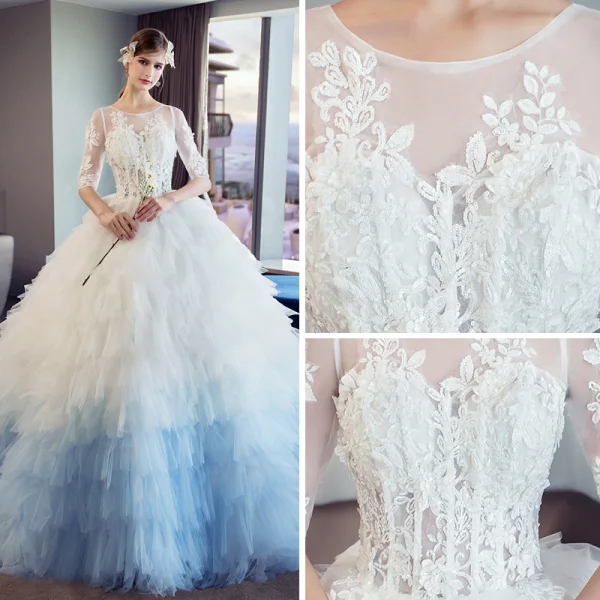 Amazing / Unique White Gradient-Color Sky Blue Pierced Wedding Dresses 2018 Ball Gown Scoop Neck 1/2 Sleeves Backless Appliques Lace Sequins Pleated Cathedral Train