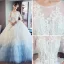 Amazing / Unique White Gradient-Color Sky Blue Pierced Wedding Dresses 2018 Ball Gown Scoop Neck 1/2 Sleeves Backless Appliques Lace Sequins Pleated Cathedral Train