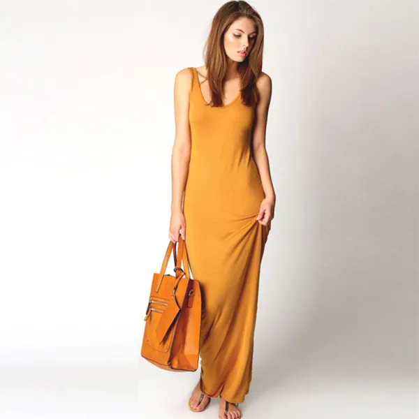 Modest / Simple Summer Yellow Maxi Dresses 2018 Sheath / Fit Scoop Neck Sleeveless Ankle Length Womens Clothing
