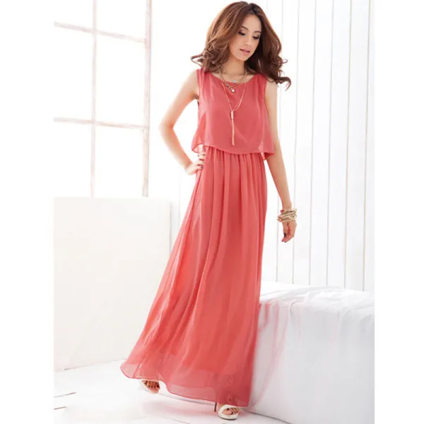 Modest / Simple Watermelon Chiffon Summer Maxi Dresses 2018 Sheath / Fit Scoop Neck Sleeveless Ankle Length Ruffle Womens Clothing
