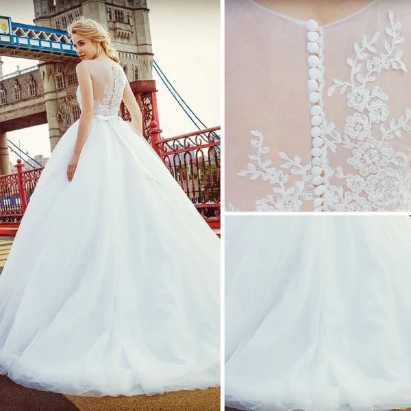 Stunning White Pierced Wedding Dresses 2017 Ball Gown Scoop Neck Sleeveless Appliques Lace Court Train